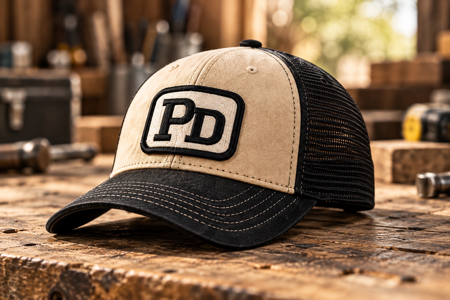Tan and black cap with an embroidered PD patch