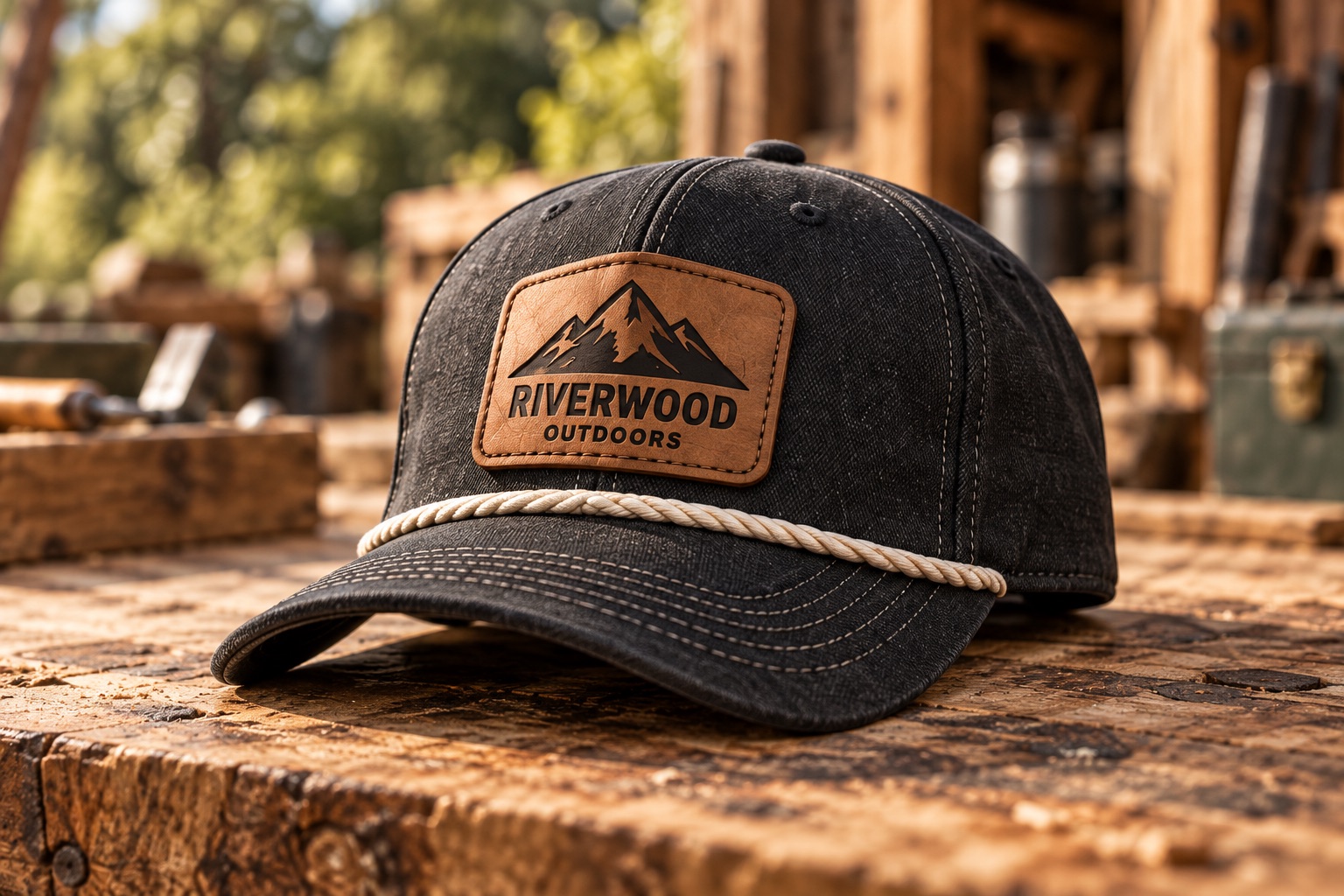 Charcoal rope cap with a leather mountain patch