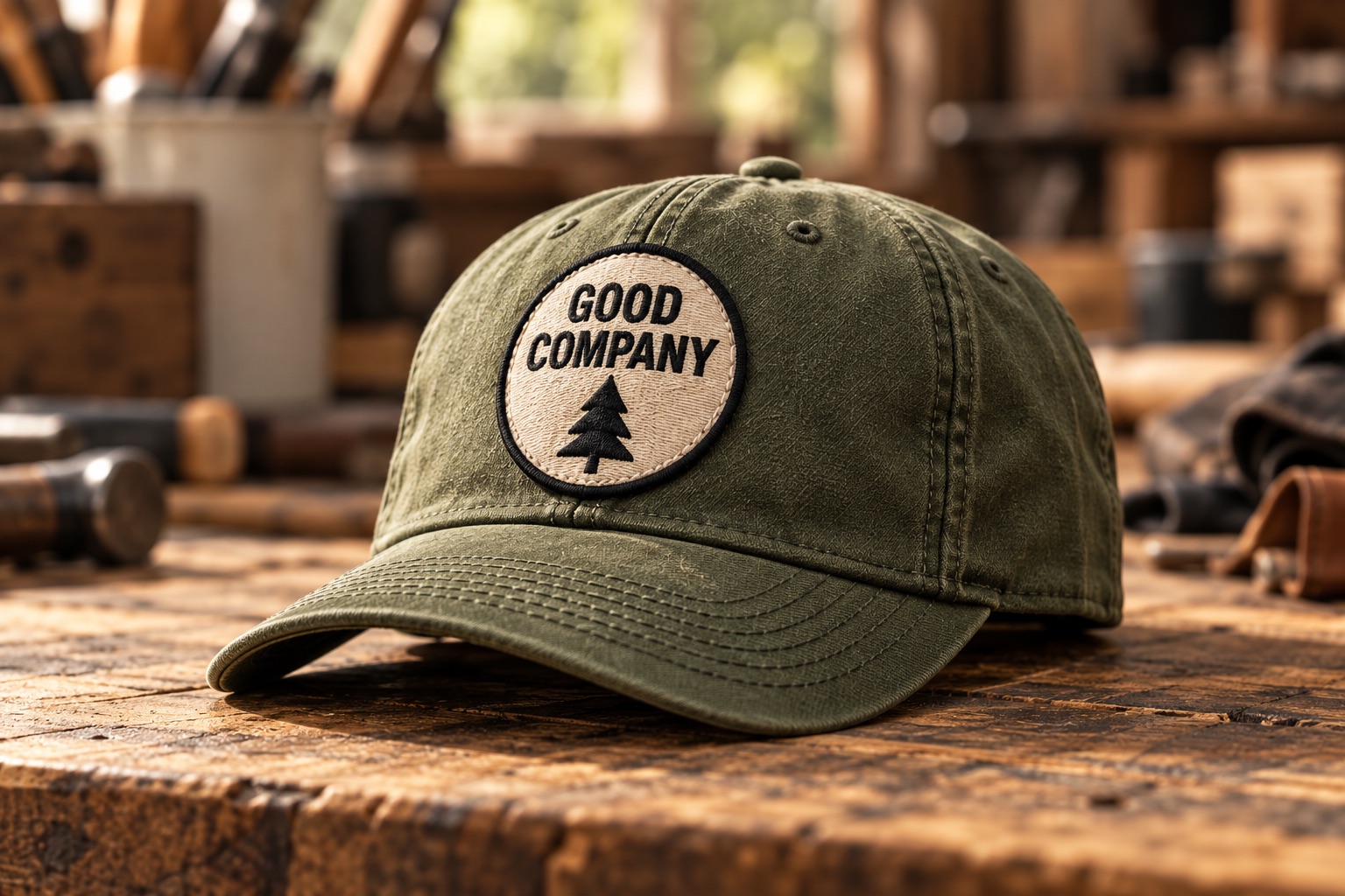 Olive cap with a cream embroidered patch